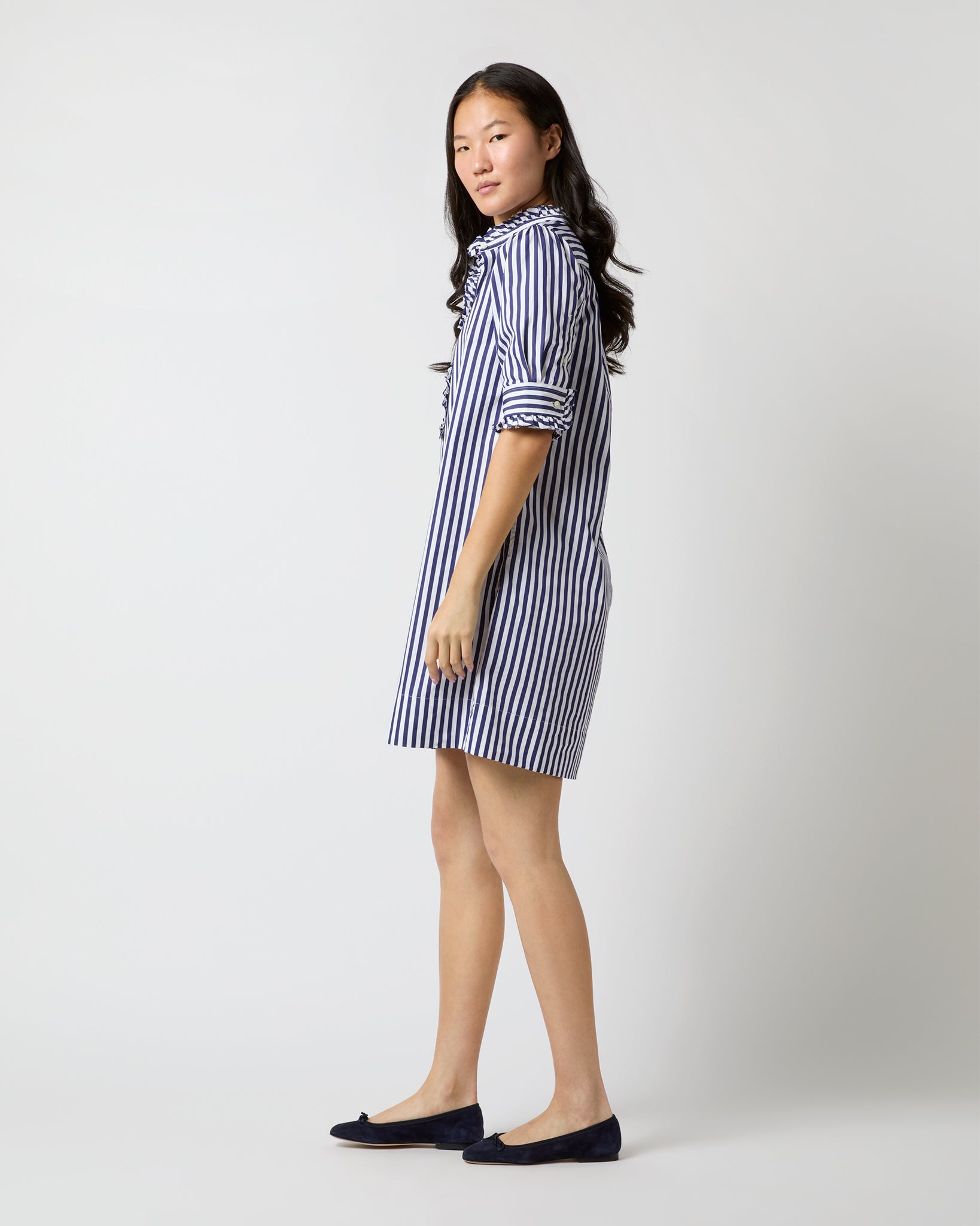 Elbow-Sleeved Frill Dress in Navy Awning Stripe Poplin