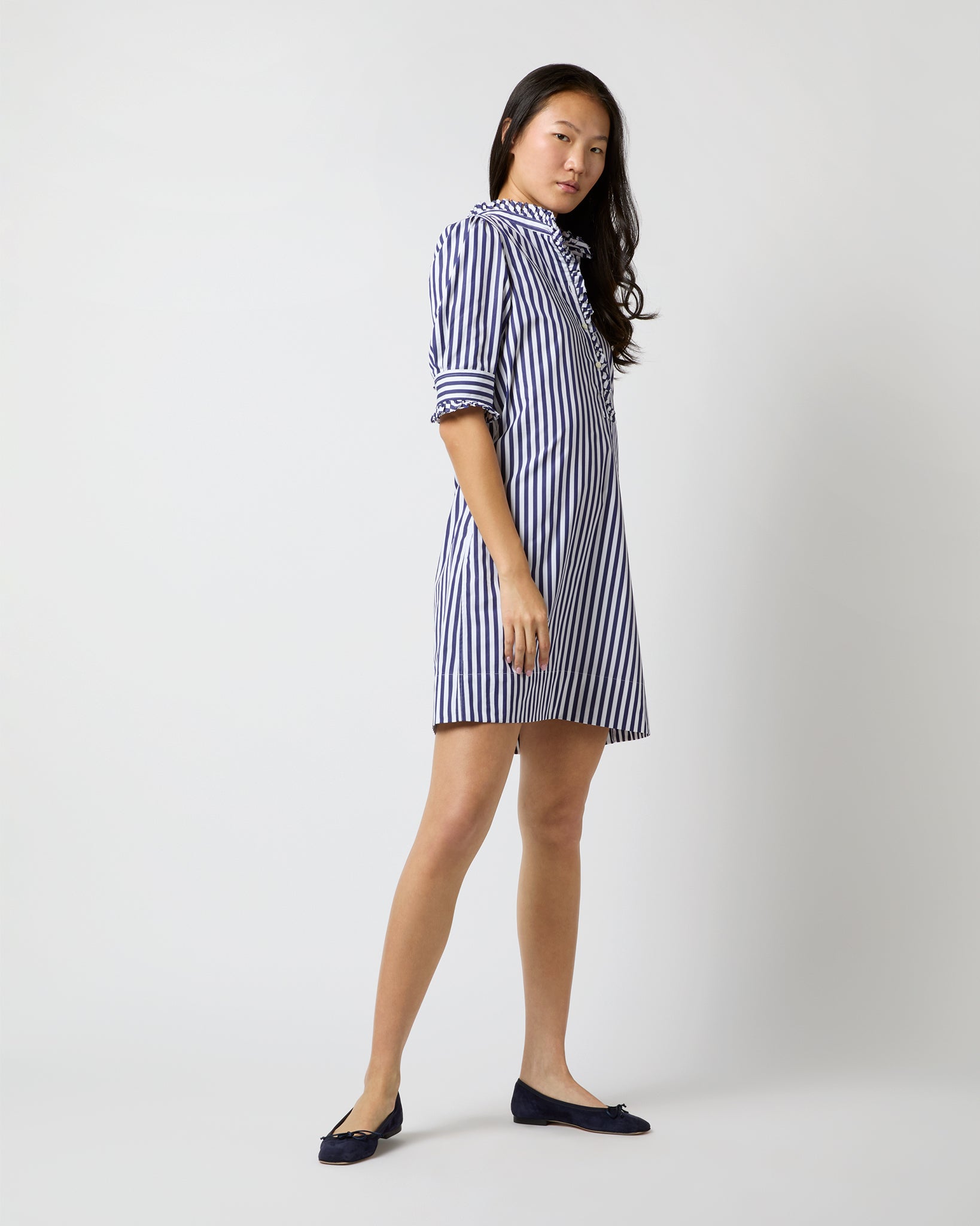 Elbow-Sleeved Frill Dress in Navy Awning Stripe Poplin