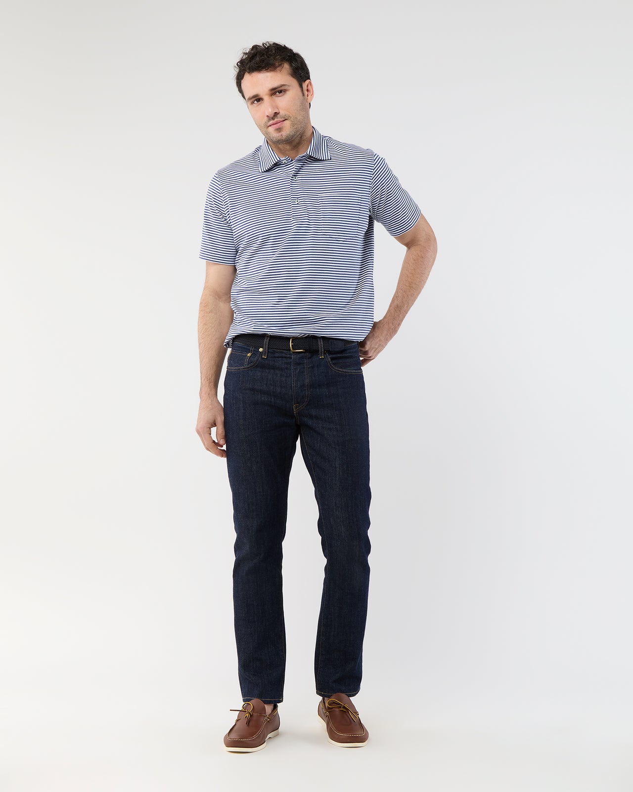 Short-Sleeved Polo in Ink/White Stripe Jersey