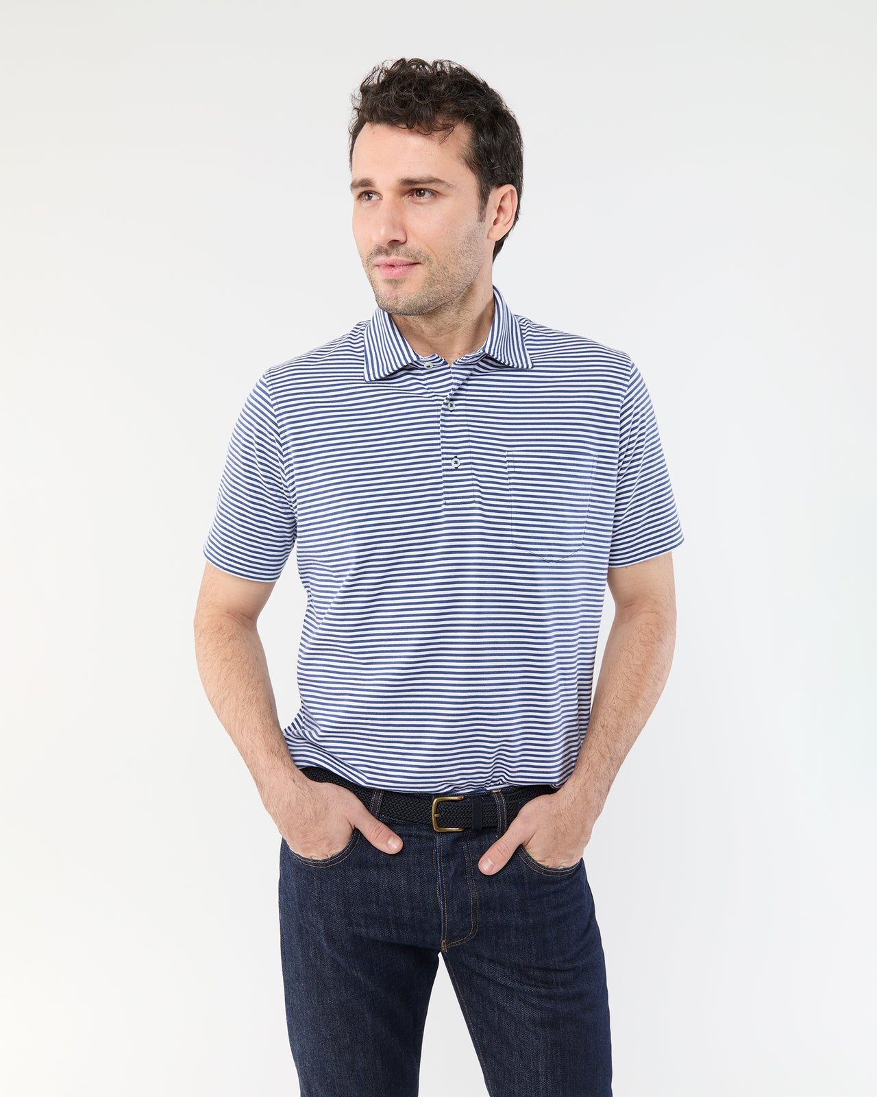 Short-Sleeved Polo in Ink/White Stripe Jersey