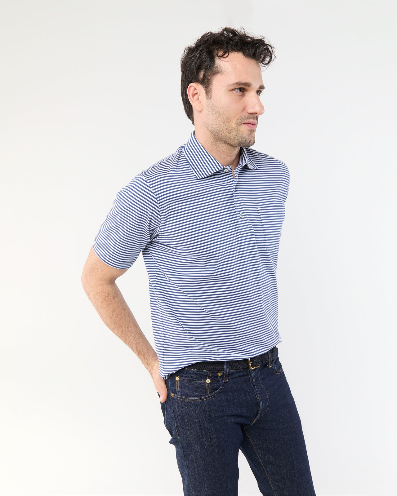 Short-Sleeved Polo in Ink/White Stripe Jersey