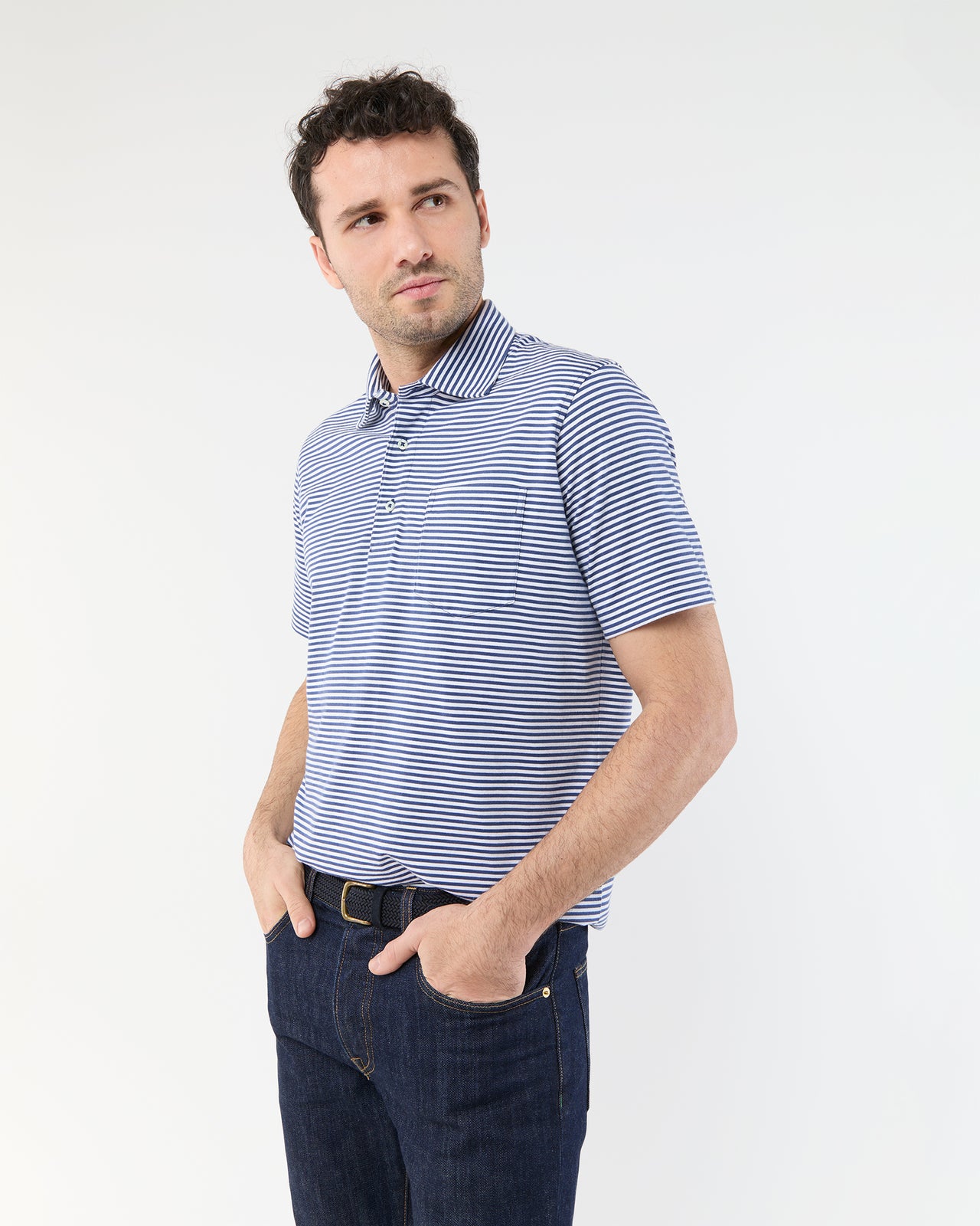 Short-Sleeved Polo in Ink/White Stripe Jersey