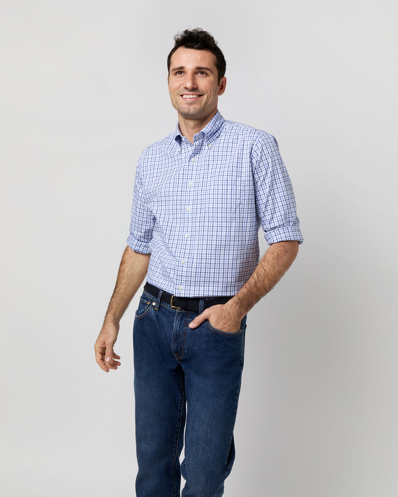 Button-Down Sport Shirt in Blue/Navy Tattersall Oxford