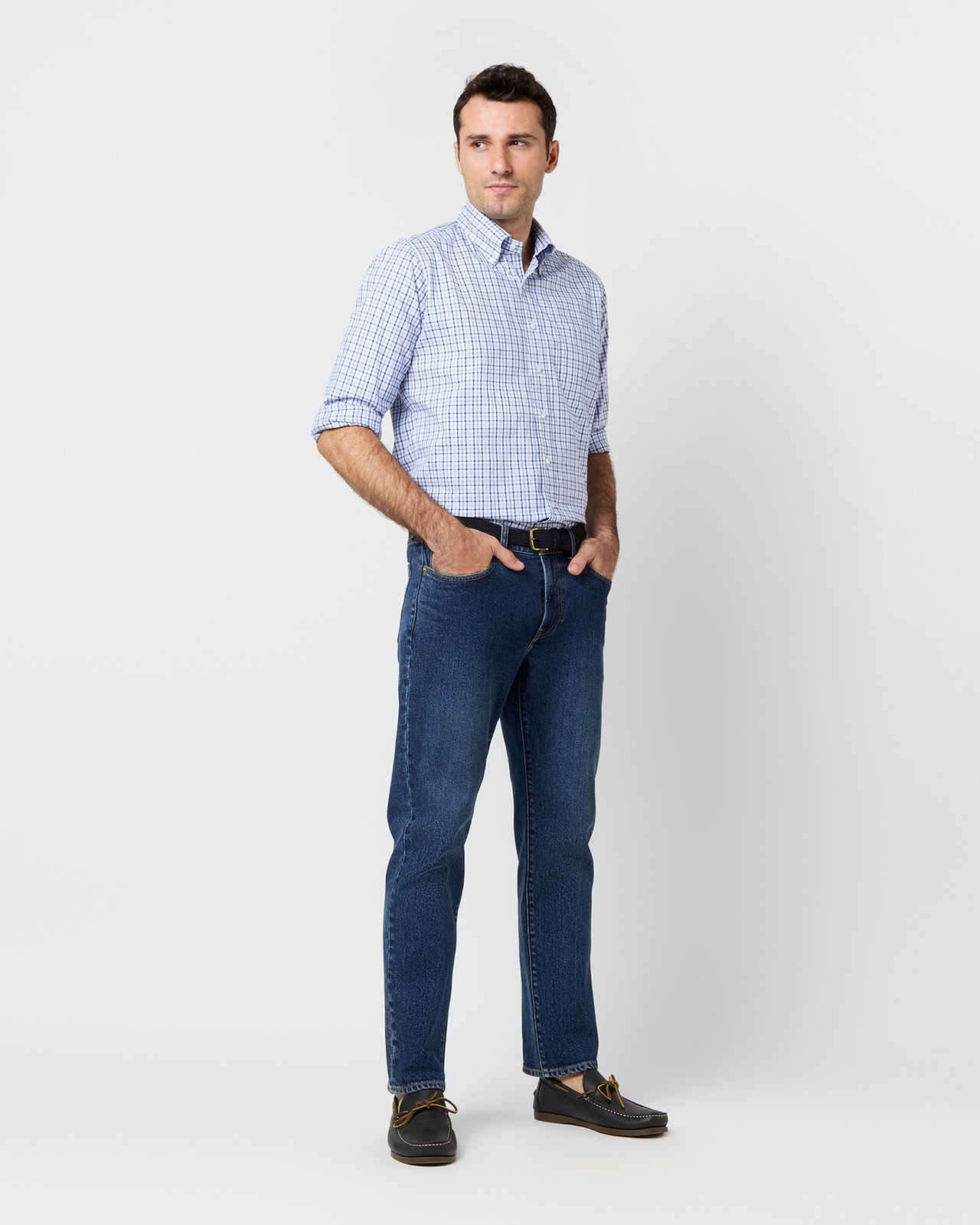 Button-Down Sport Shirt in Blue/Navy Tattersall Oxford