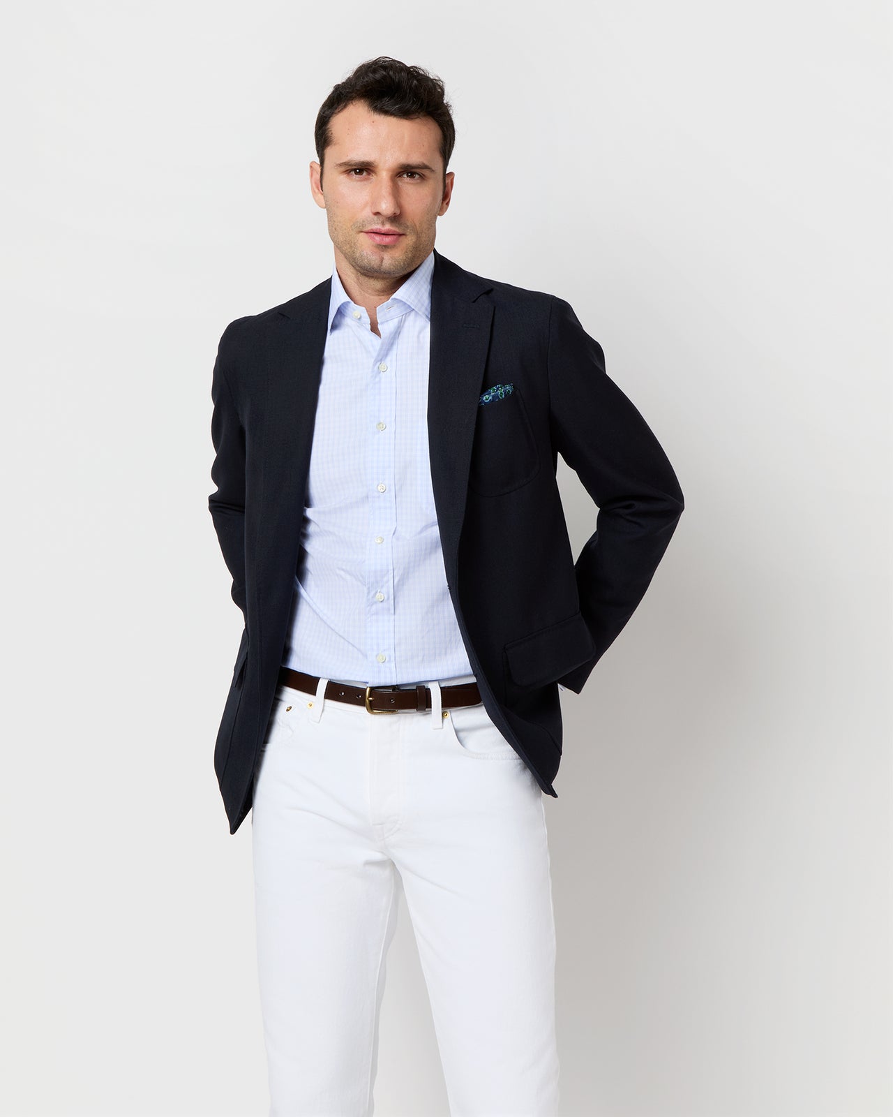 Spread Collar Dress Shirt in Blue Multi/White Check Poplin