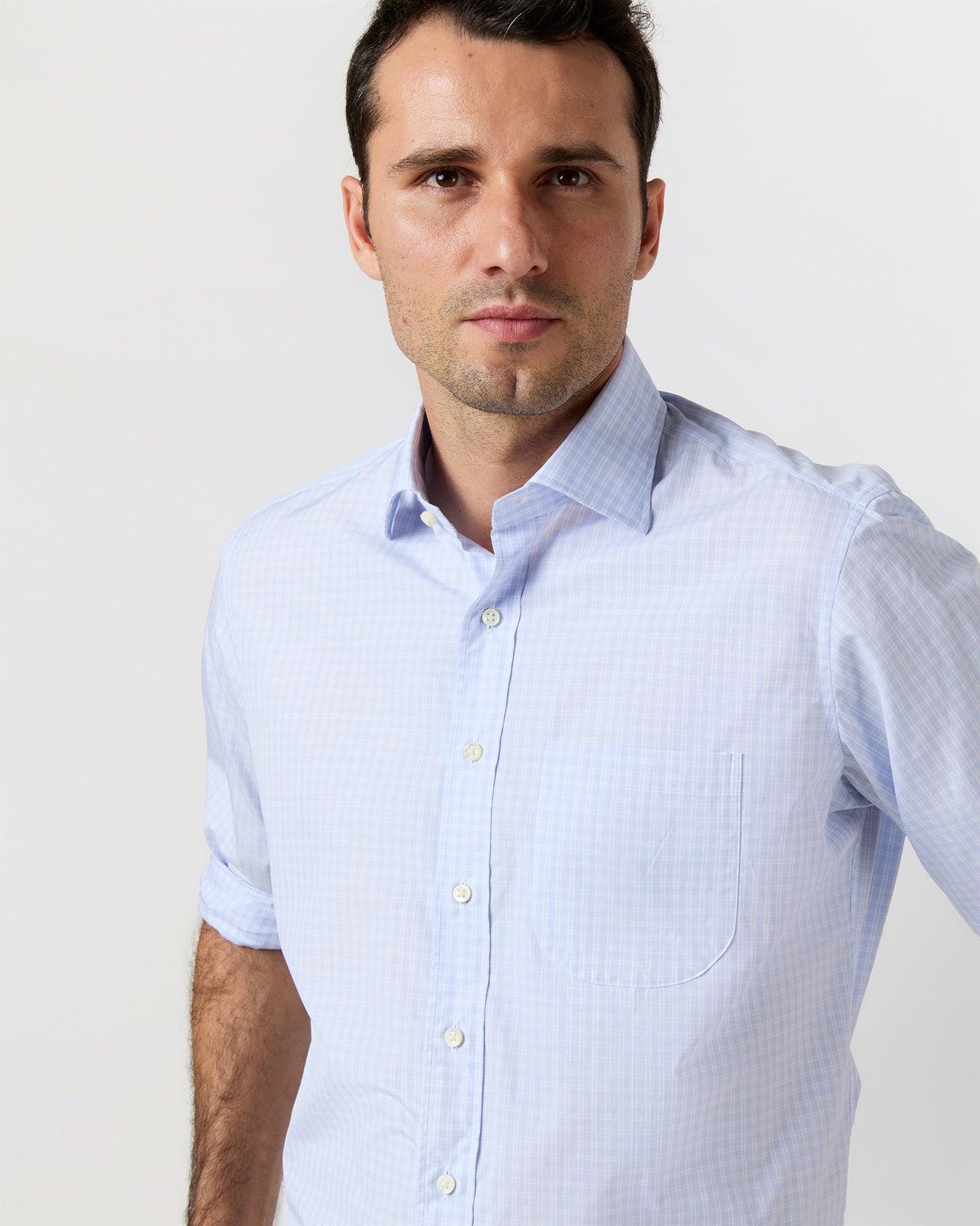 Spread Collar Dress Shirt in Blue Multi/White Check Poplin