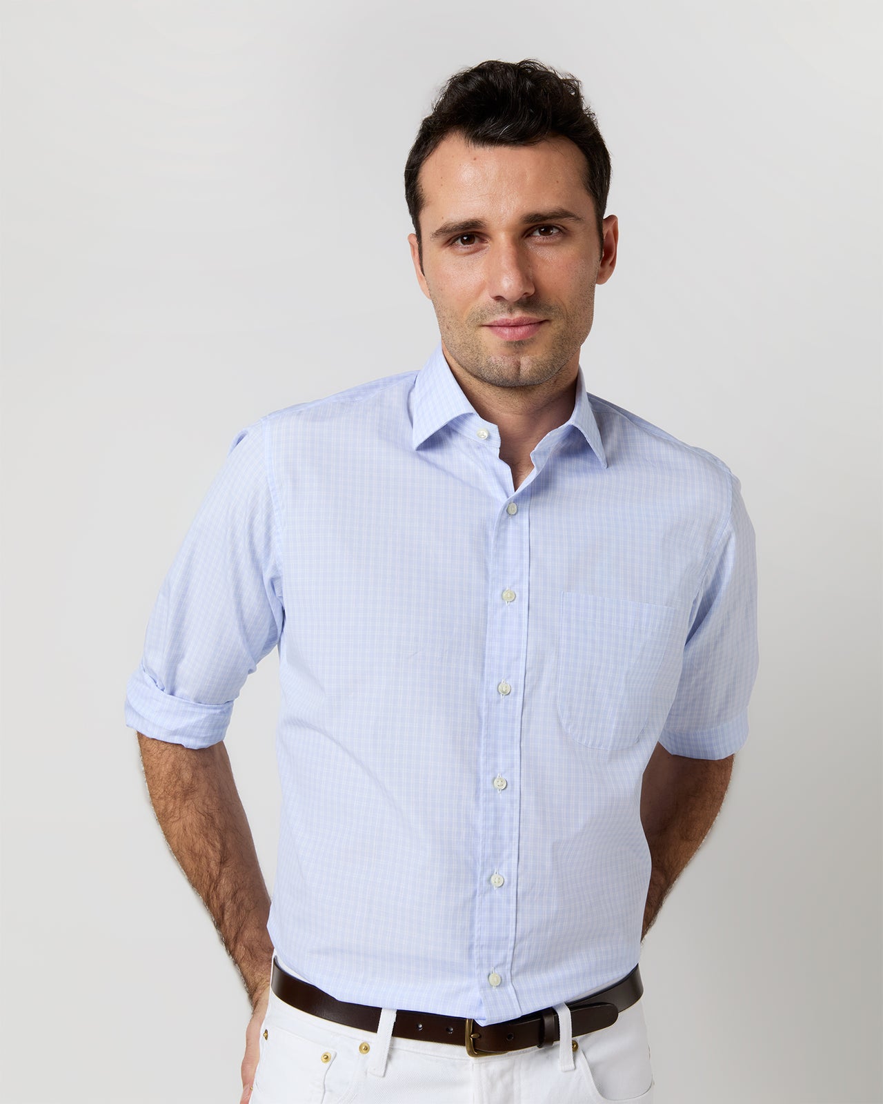 Spread Collar Dress Shirt in Blue Multi/White Check Poplin