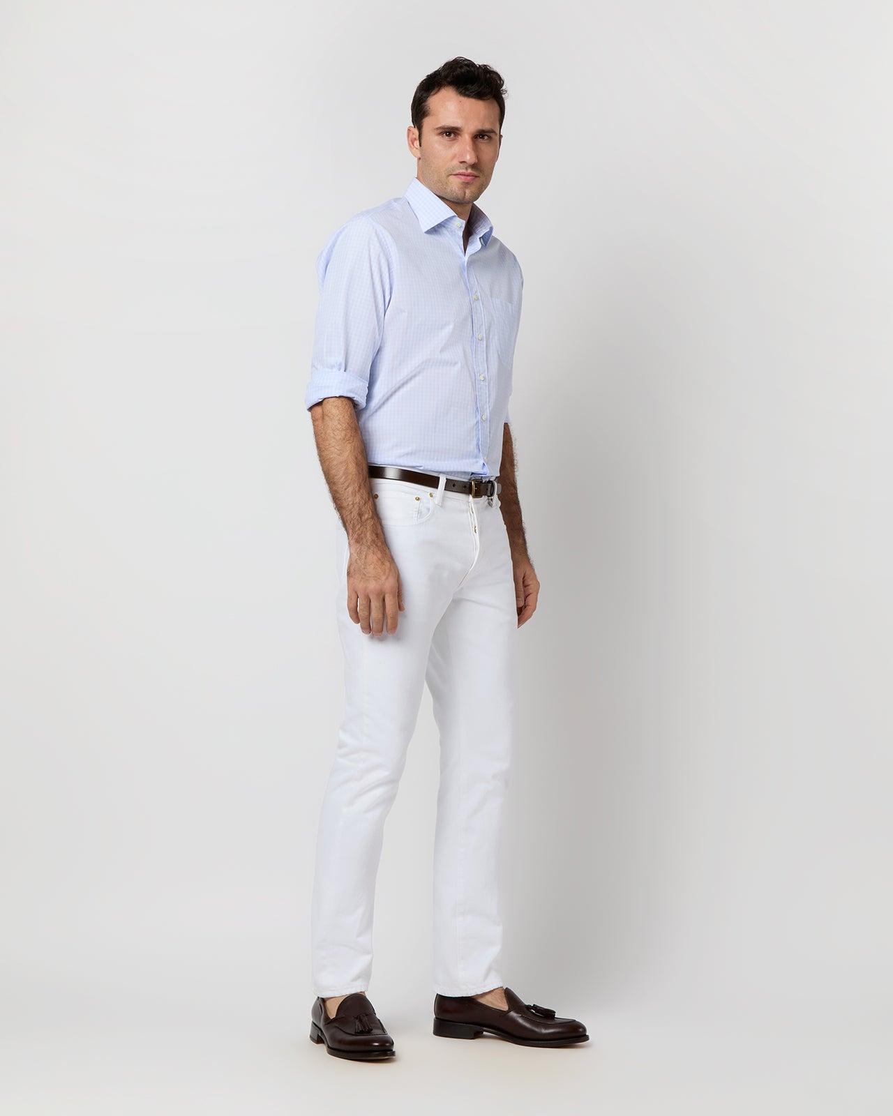 Spread Collar Dress Shirt in Blue Multi/White Check Poplin