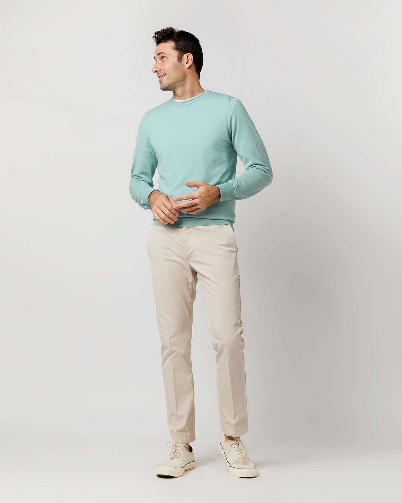 Fine-Gauge Crewneck Sweater in Celadon Escorial Wool