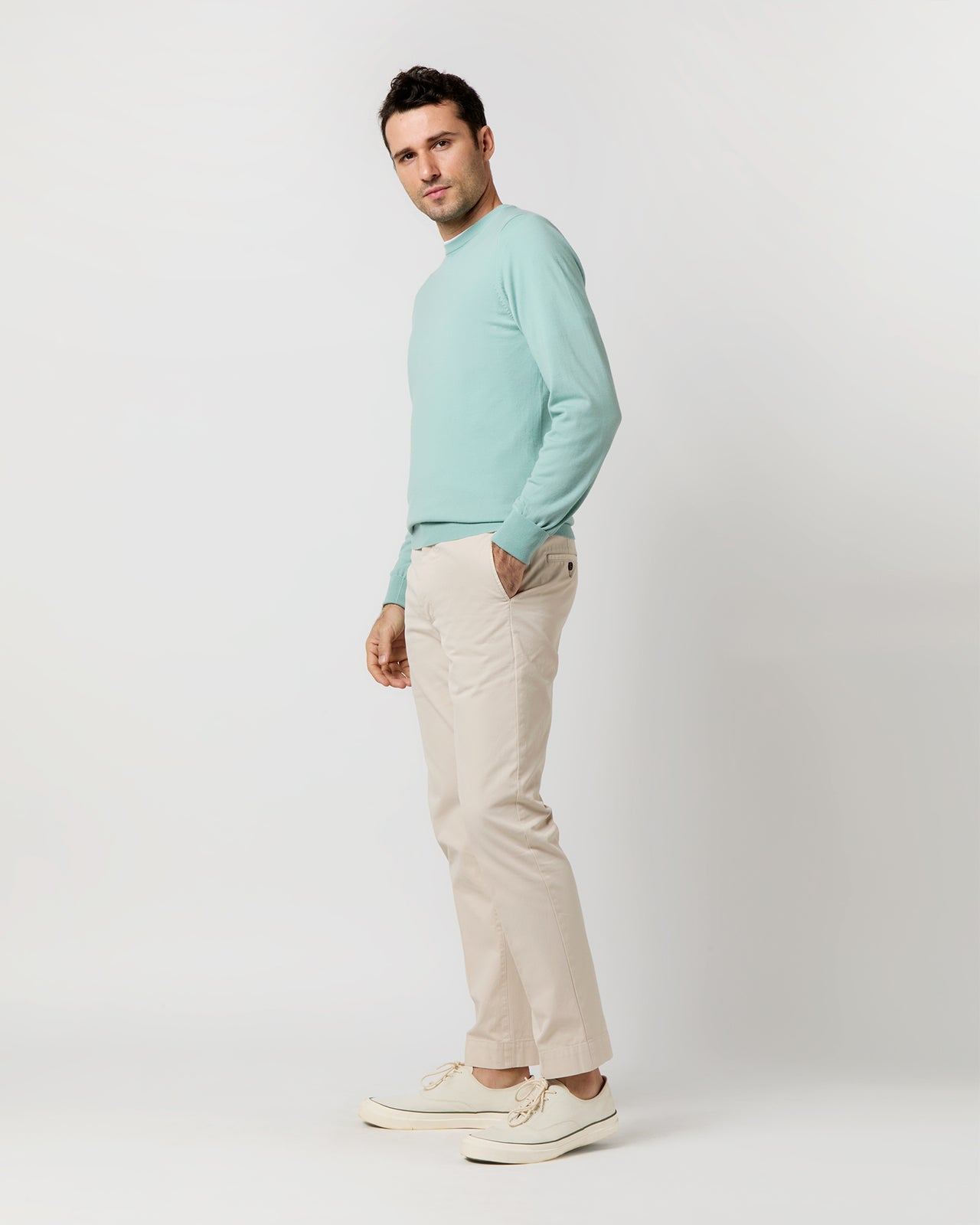 Fine-Gauge Crewneck Sweater in Celadon Escorial Wool