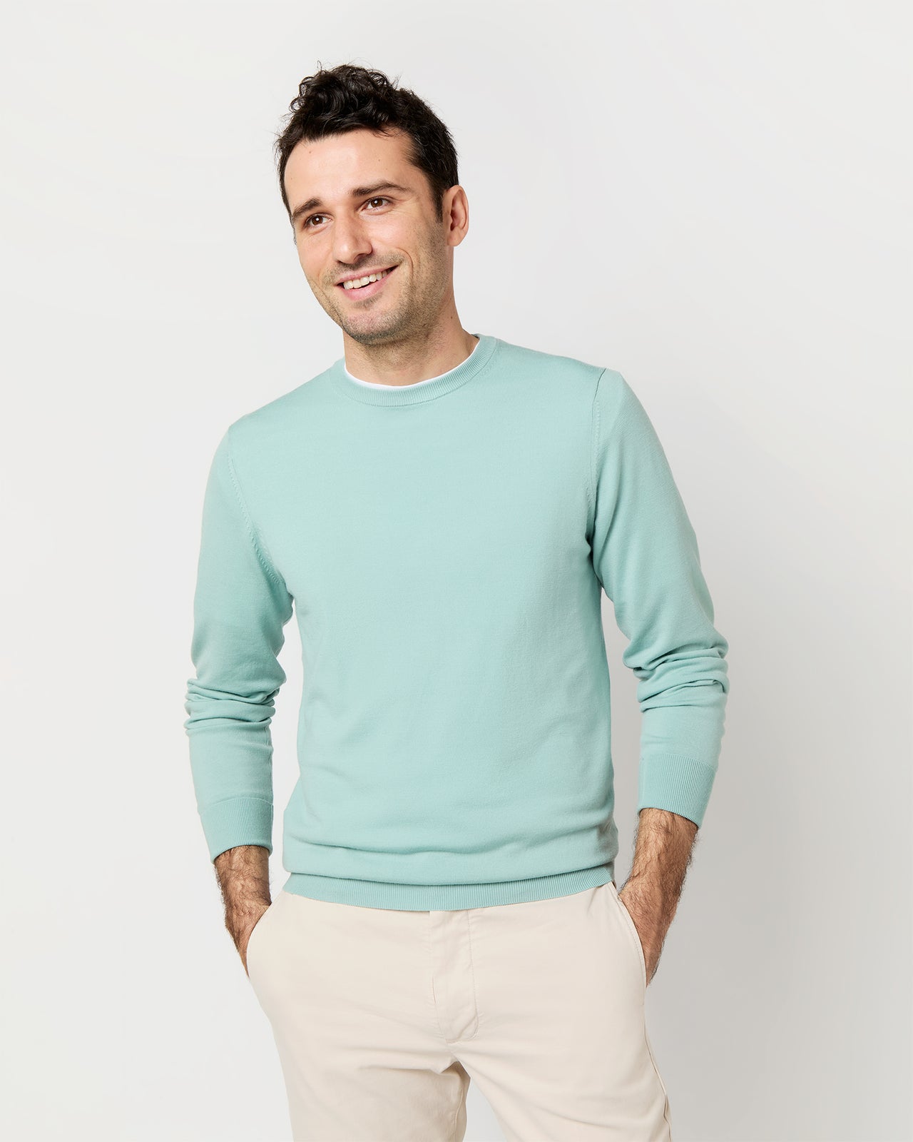 Fine-Gauge Crewneck Sweater in Celadon Escorial Wool
