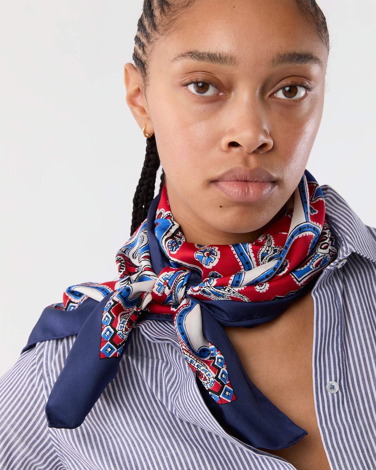 Large Hand-Rolled Silk Scarf in Blue/Red/Ivory Paisley