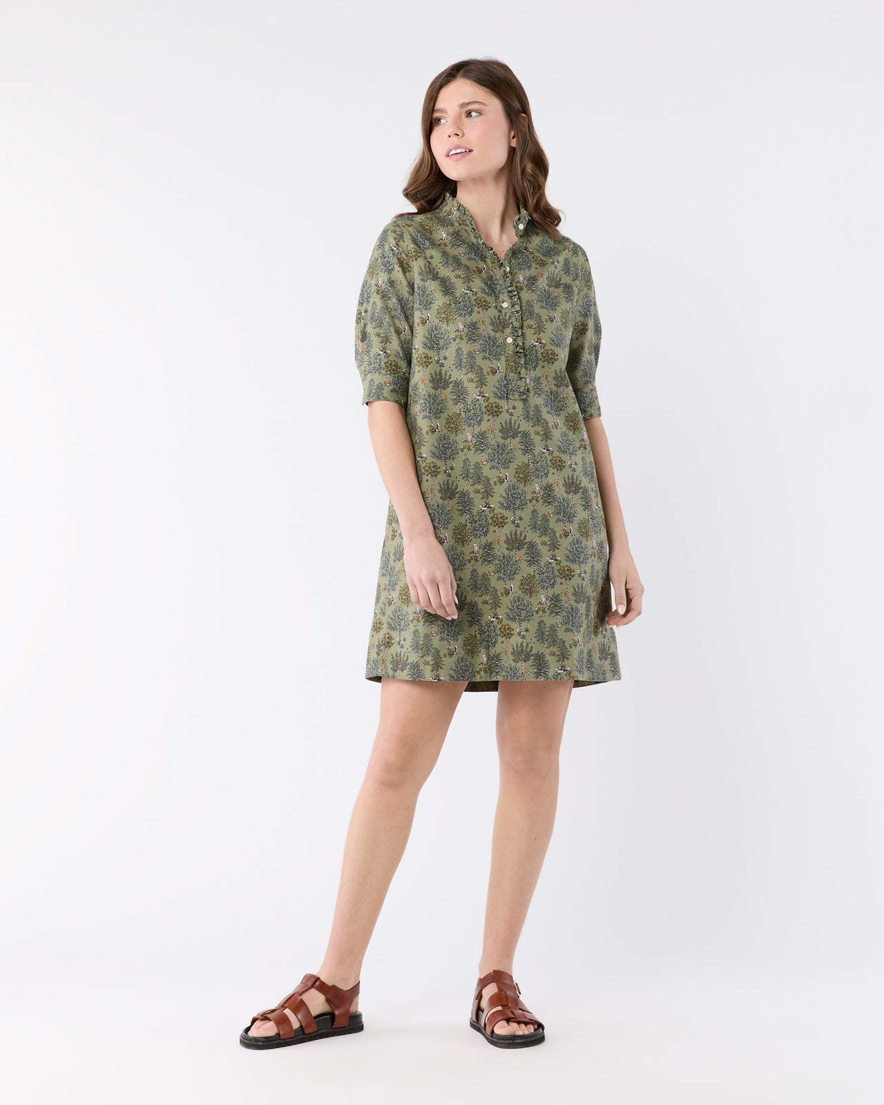 Elbow-Sleeve Frill Dress in Olive/Multi Forest Printed Twill