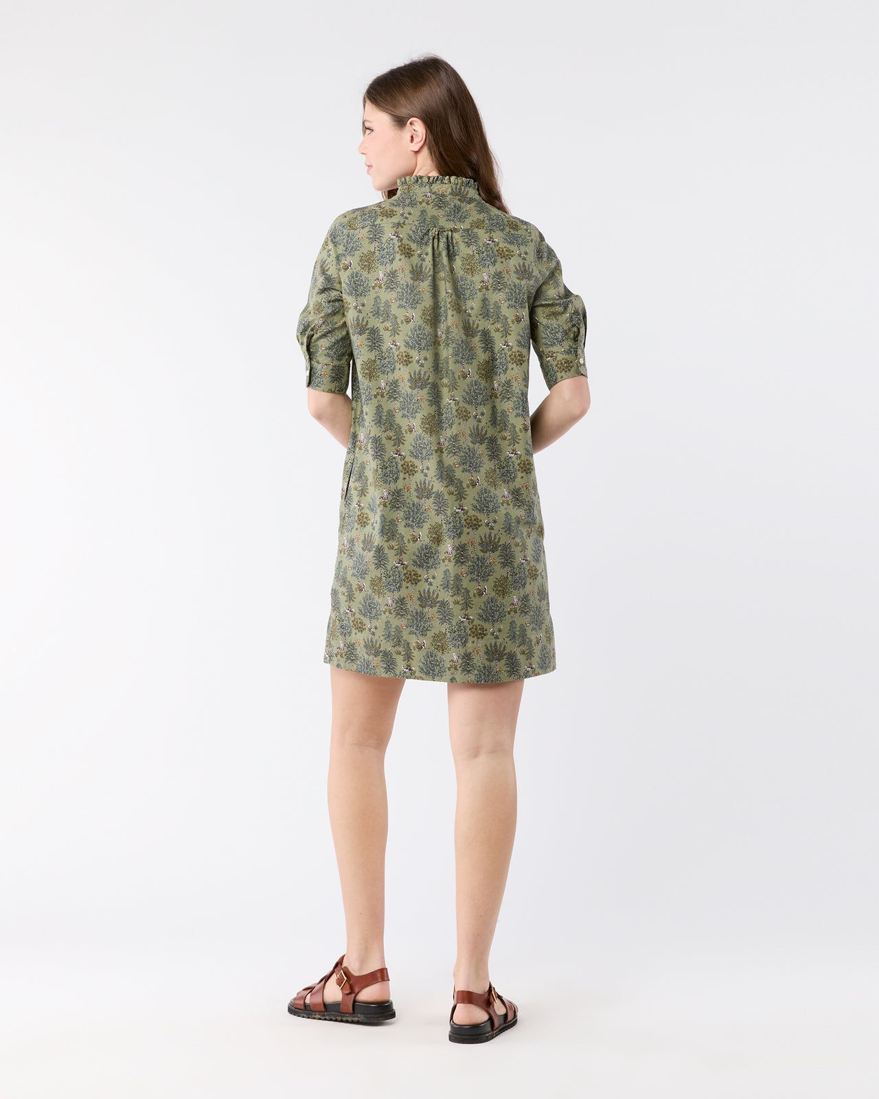 Elbow-Sleeve Frill Dress in Olive/Multi Forest Printed Twill