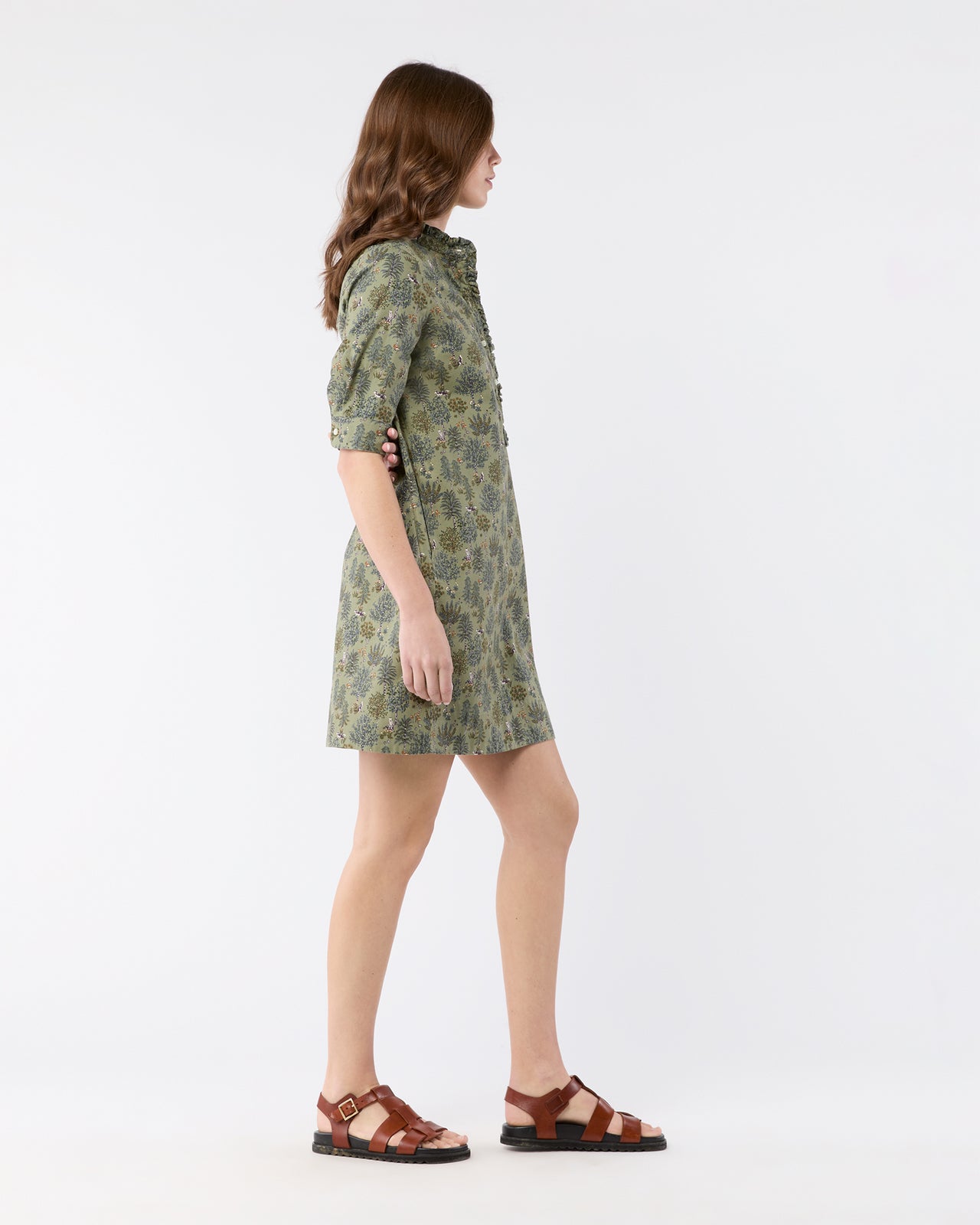 Elbow-Sleeve Frill Dress in Olive/Multi Forest Printed Twill