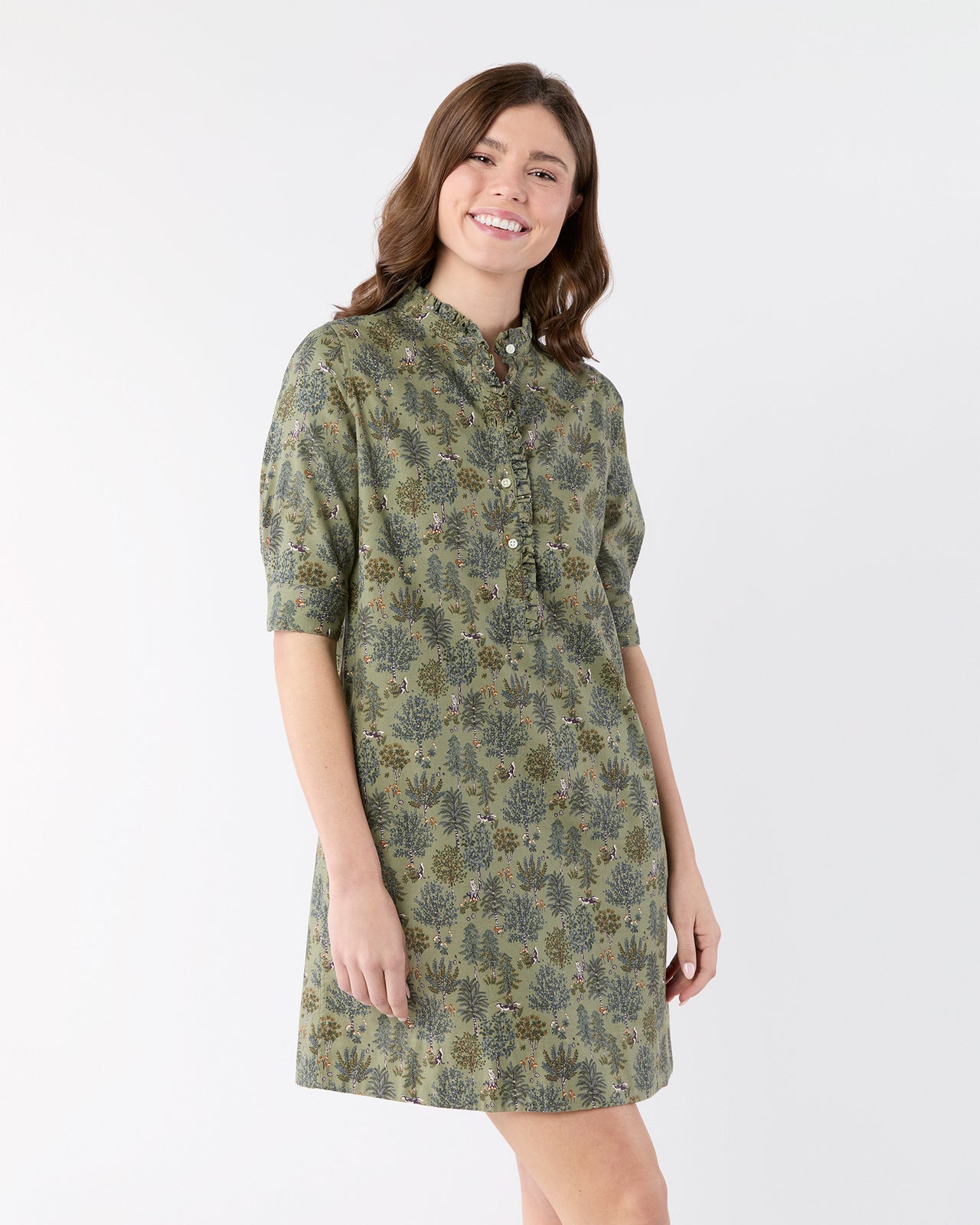 Elbow-Sleeve Frill Dress in Olive/Multi Forest Printed Twill