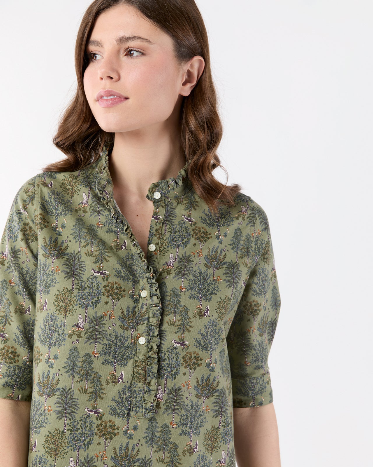 Elbow-Sleeve Frill Dress in Olive/Multi Forest Printed Twill