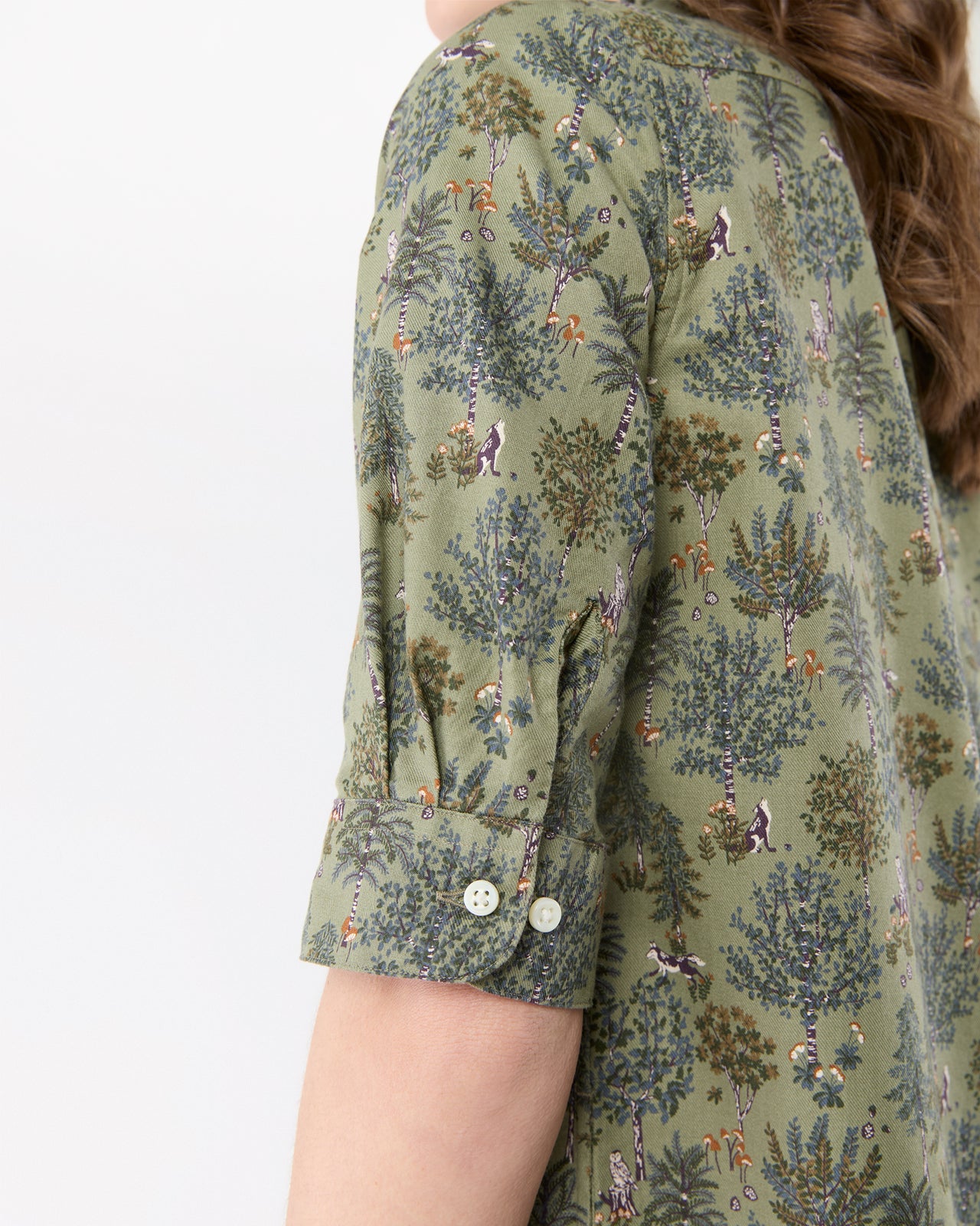 Elbow-Sleeve Frill Dress in Olive/Multi Forest Printed Twill