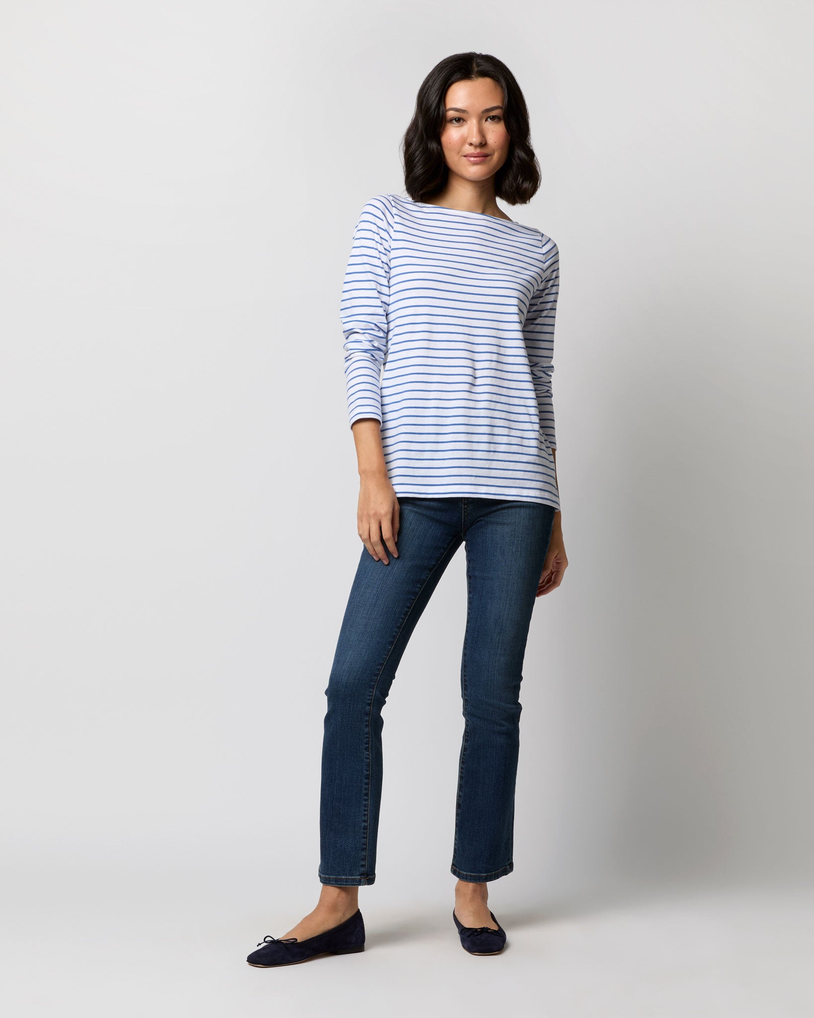 Long-Sleeved Boatneck Tee in White/Blue Stripe Jersey