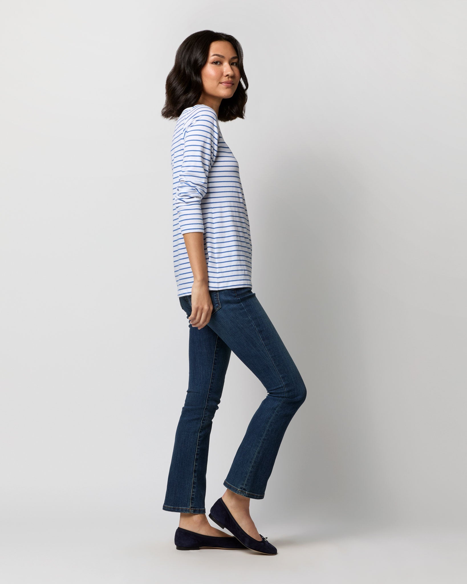 Long-Sleeved Boatneck Tee in White/Blue Stripe Jersey