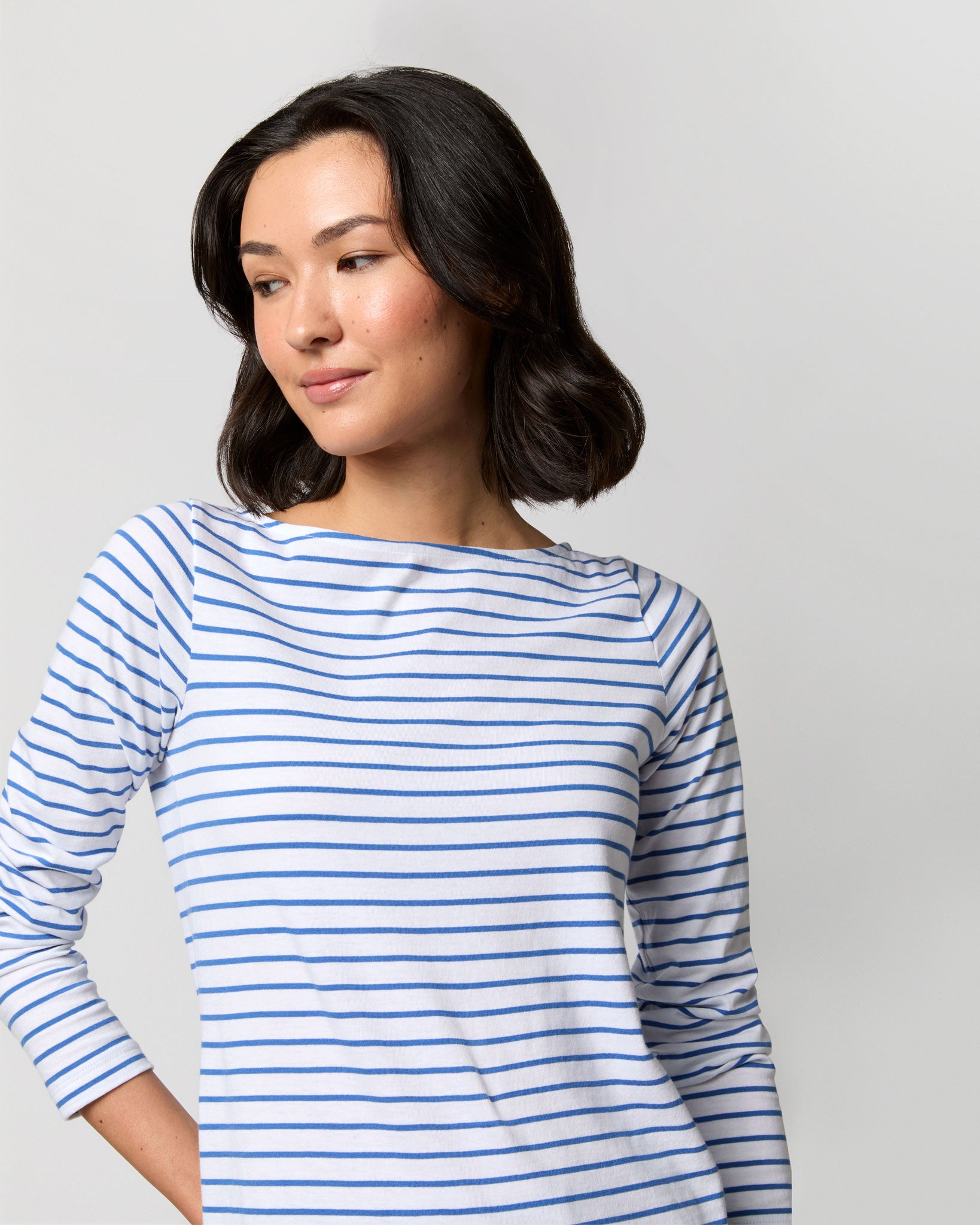 Long-Sleeved Boatneck Tee in White/Blue Stripe Jersey