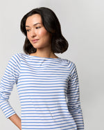 Load image into Gallery viewer, Long-Sleeved Boatneck Tee in White/Blue Stripe Jersey
