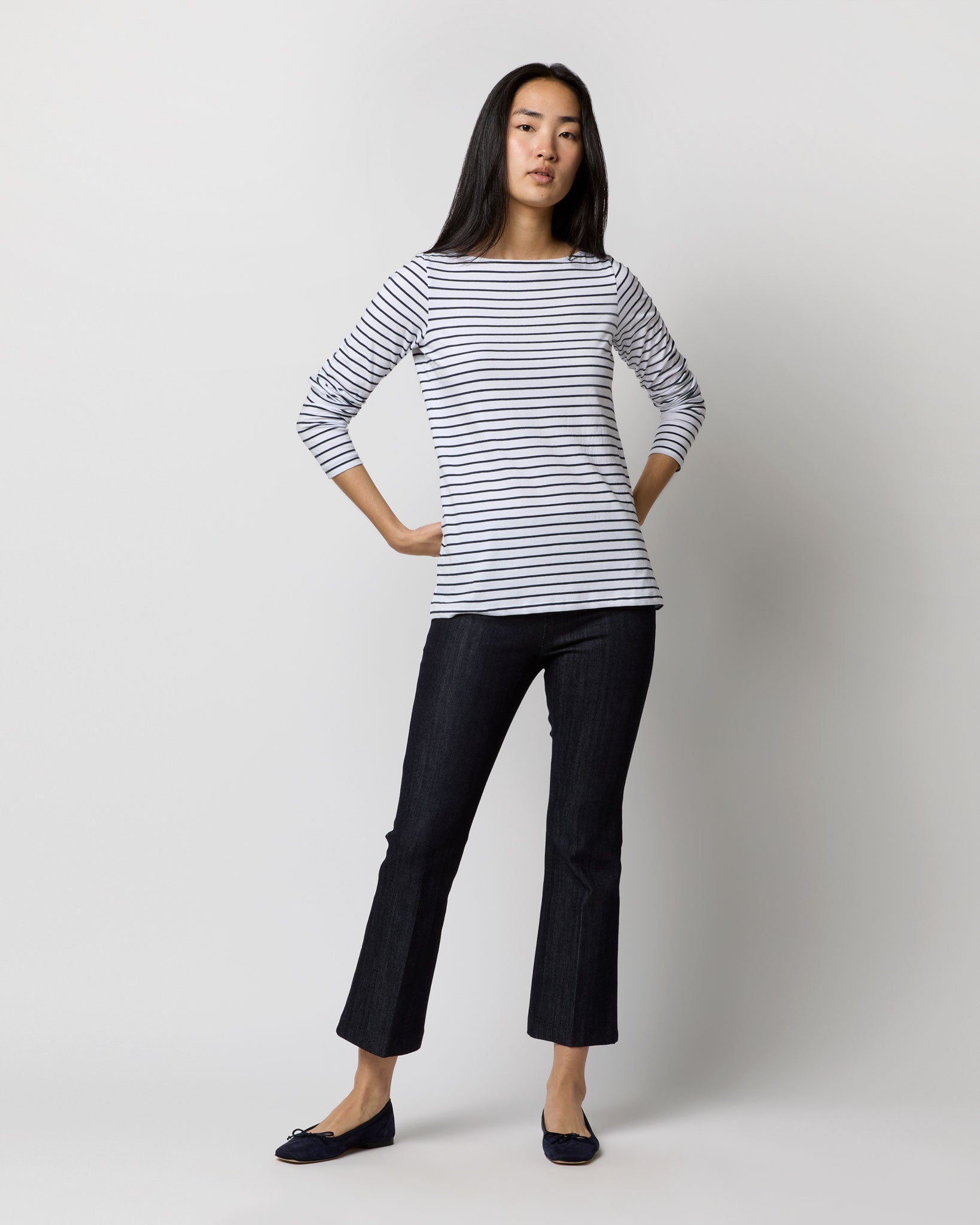 Long-Sleeved Boatneck Tee in White/Heather Navy Stripe Jersey