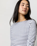 Load image into Gallery viewer, Long-Sleeved Boatneck Tee in White/Heather Navy Stripe Jersey
