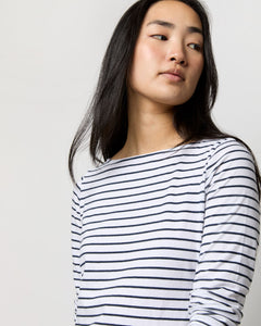 Long-Sleeved Boatneck Tee in White/Heather Navy Stripe Jersey