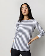 Load image into Gallery viewer, Long-Sleeved Boatneck Tee in White/Heather Navy Stripe Jersey
