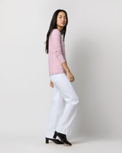 Long-Sleeved Boatneck Tee in White/Red Stripe Jersey