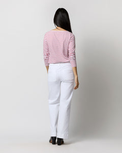 Long-Sleeved Boatneck Tee in White/Red Stripe Jersey