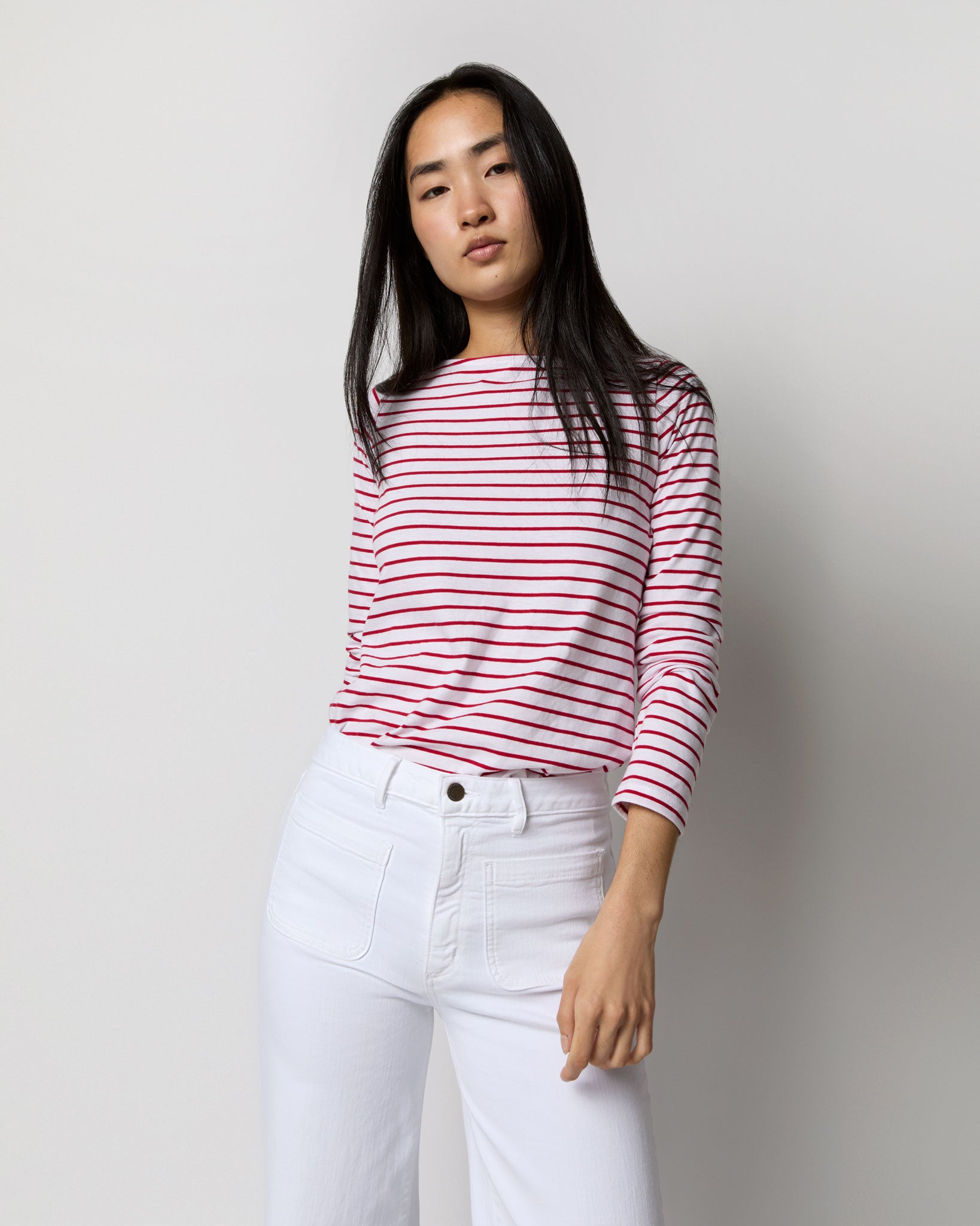 Long-Sleeved Boatneck Tee in White/Red Stripe Jersey