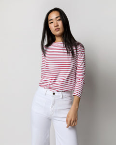 Long-Sleeved Boatneck Tee in White/Red Stripe Jersey