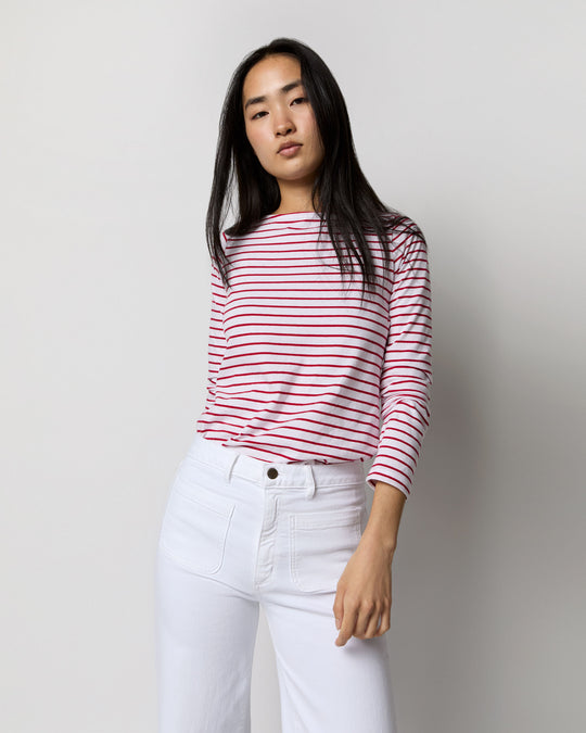 Long-Sleeved Boatneck Tee in White/Red Stripe Jersey