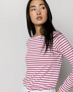 Load image into Gallery viewer, Long-Sleeved Boatneck Tee in White/Red Stripe Jersey
