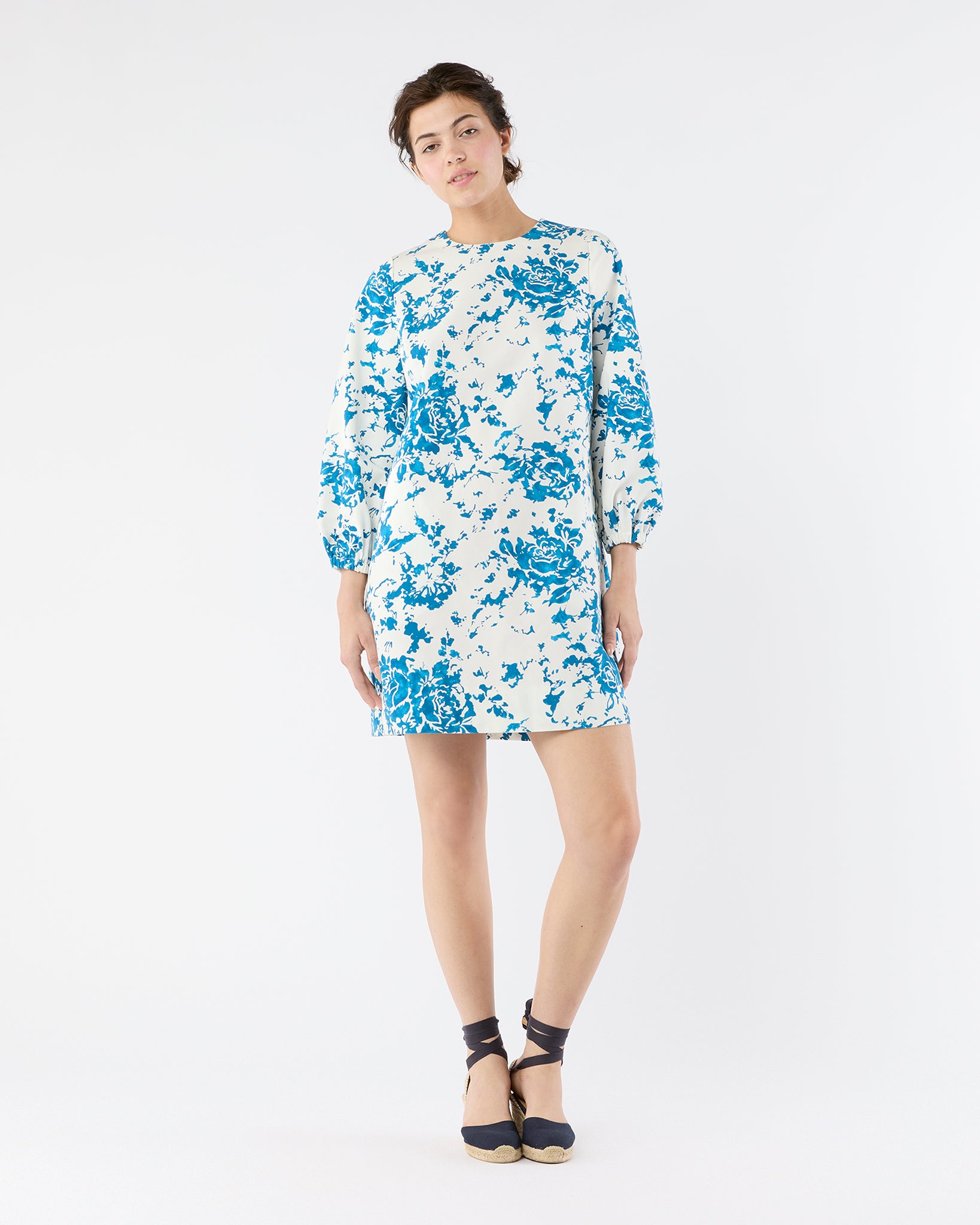 Francine Dress in White/Blue Floral Printed Faille