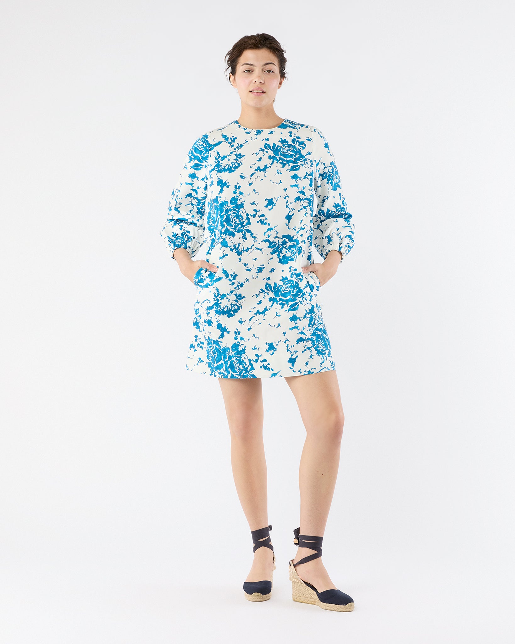 Francine Dress in White/Blue Floral Printed Faille