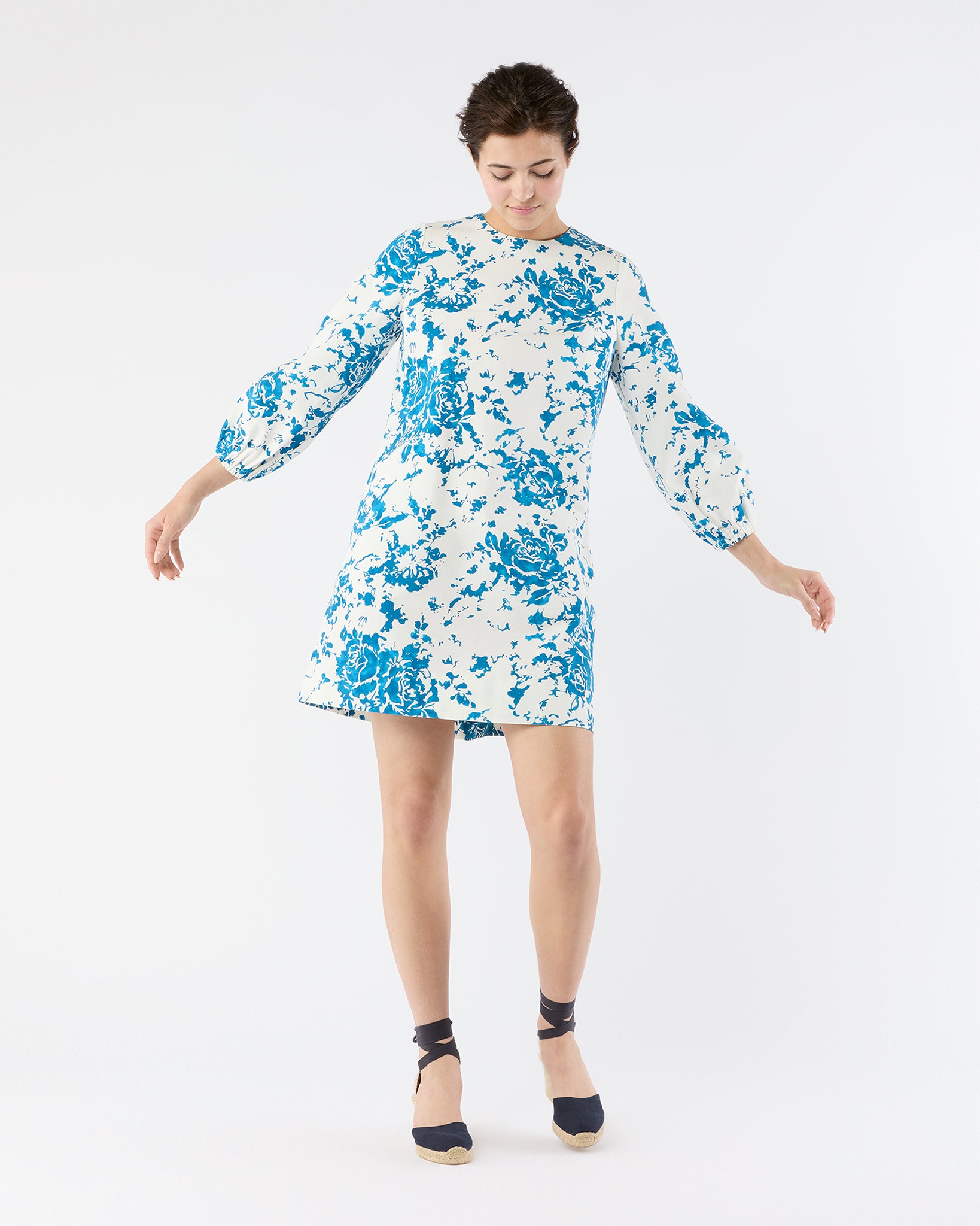 Francine Dress in White/Blue Floral Printed Faille