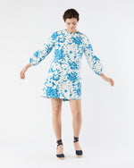 Load image into Gallery viewer, Francine Dress in White/Blue Floral Printed Faille
