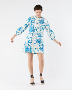 Francine Dress in White/Blue Floral Printed Faille