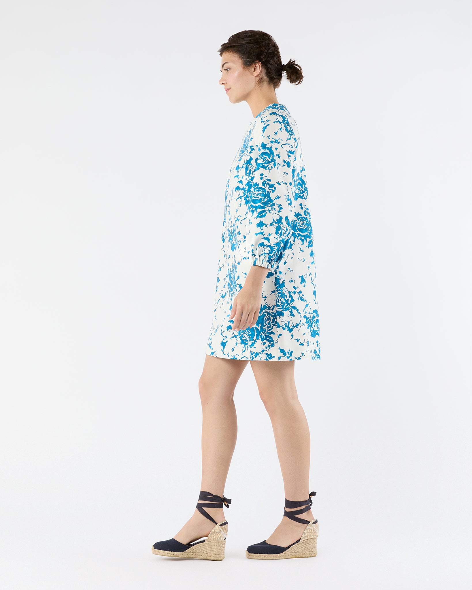 Francine Dress in White/Blue Floral Printed Faille
