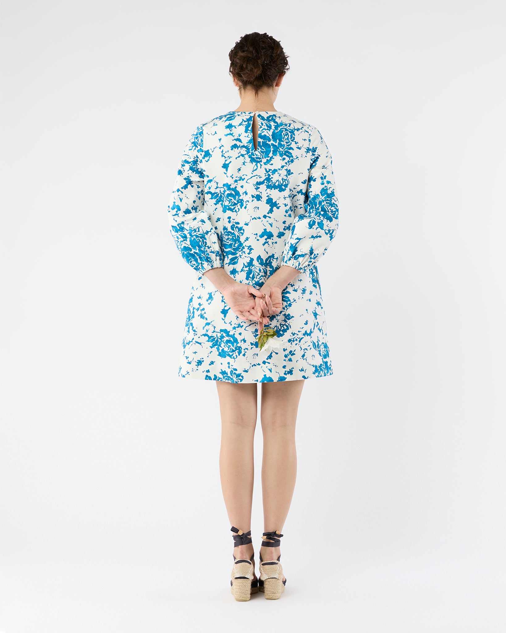 Francine Dress in White/Blue Floral Printed Faille