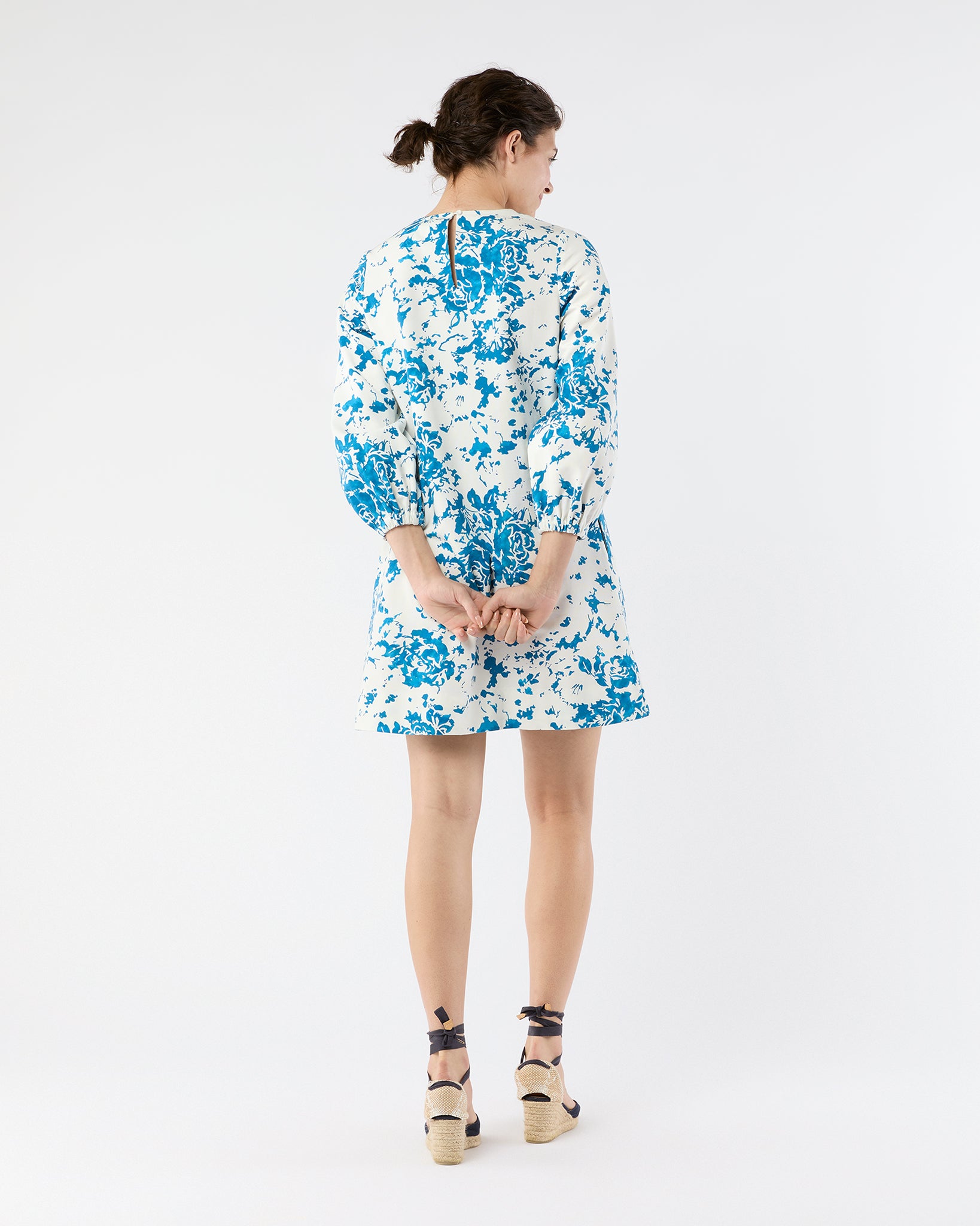 Francine Dress in White/Blue Floral Printed Faille