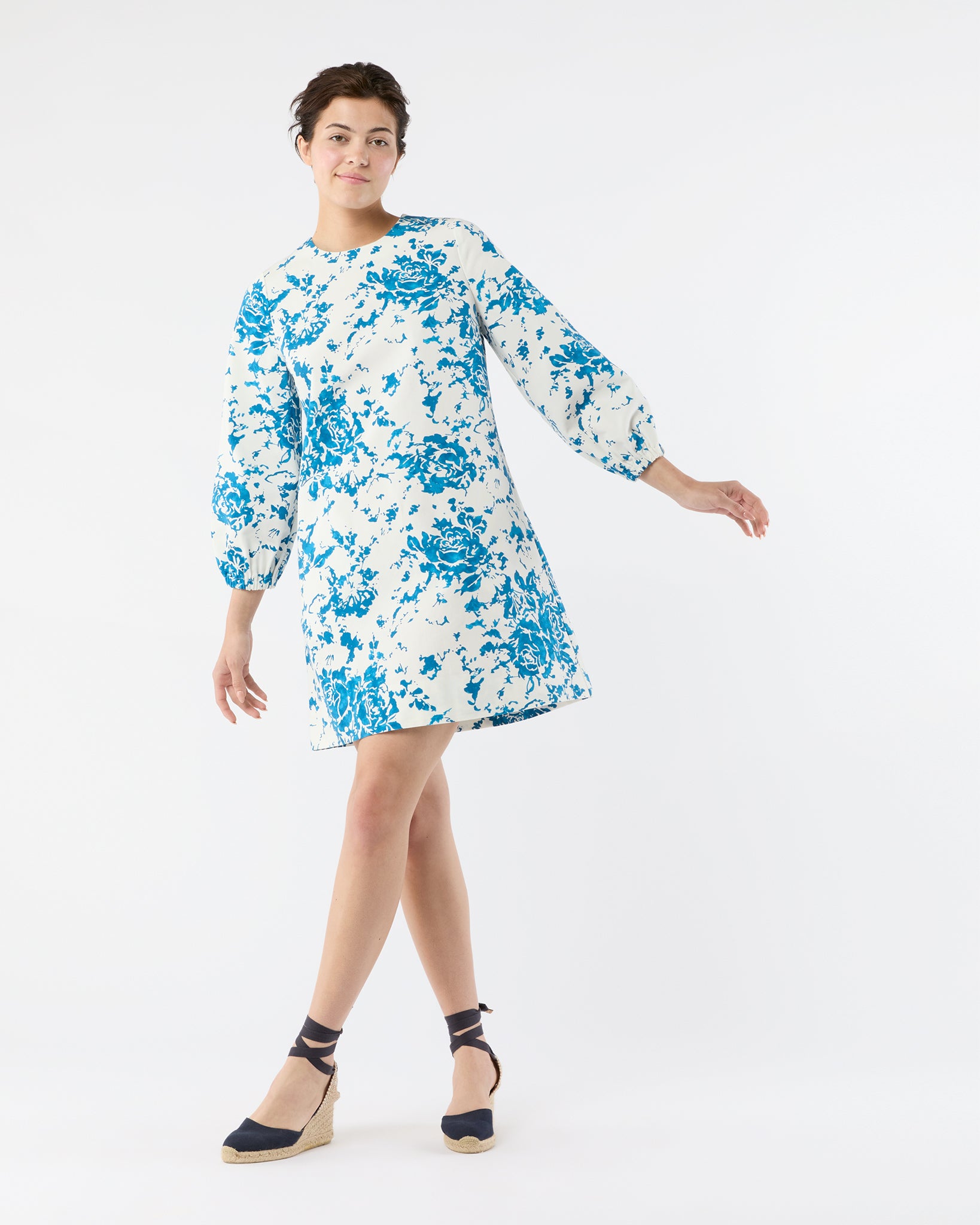 Francine Dress in White/Blue Floral Printed Faille