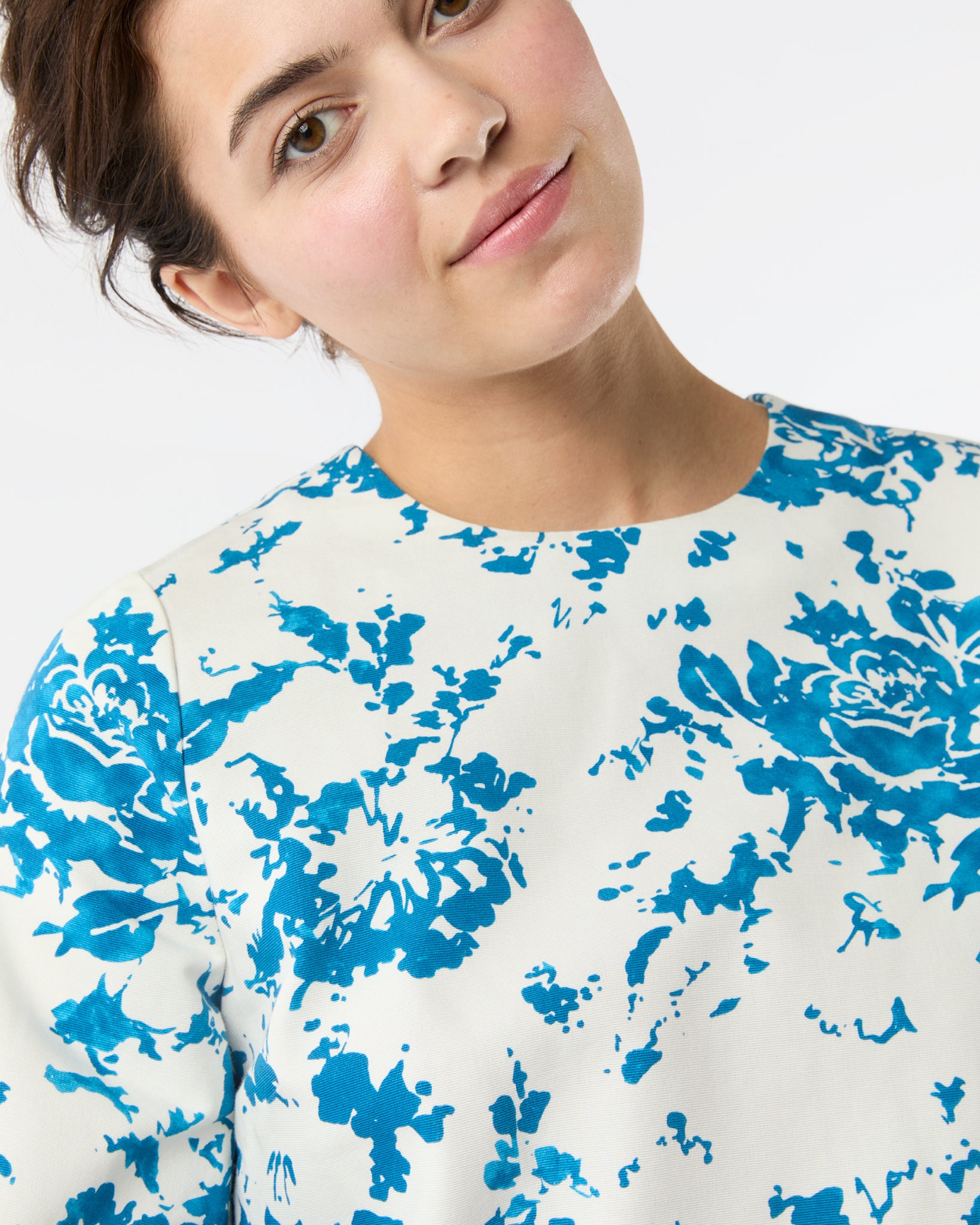 Francine Dress in White/Blue Floral Printed Faille