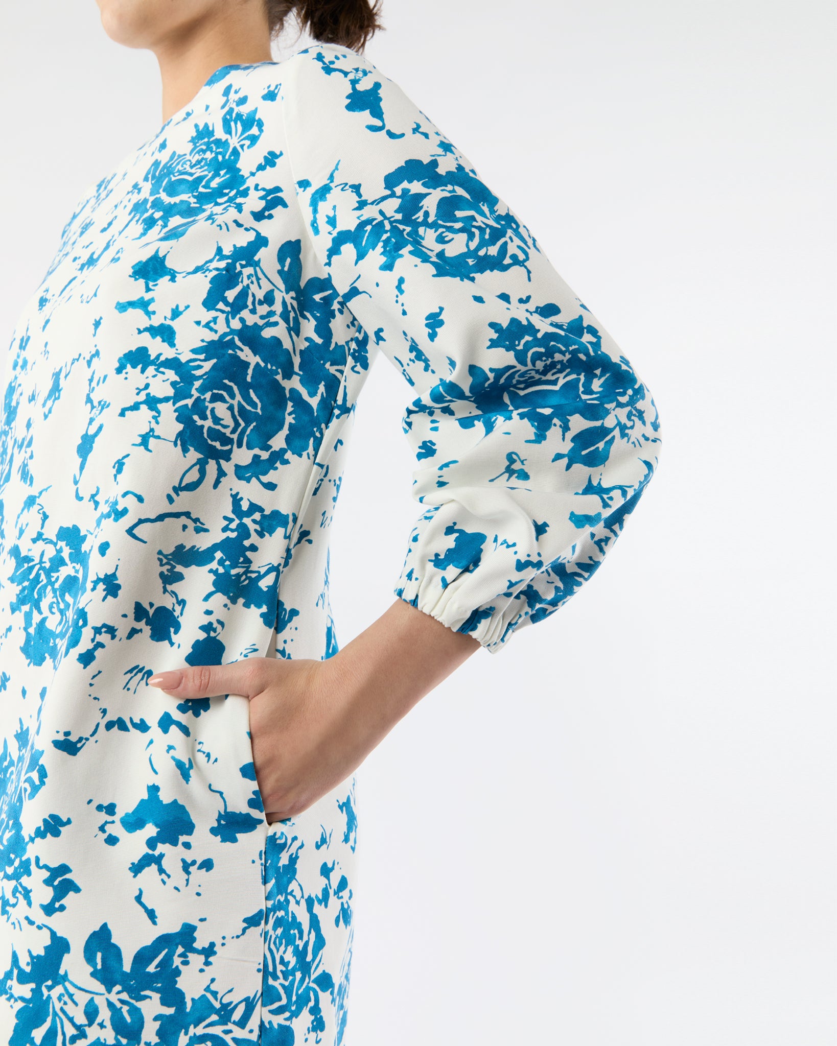 Francine Dress in White/Blue Floral Printed Faille