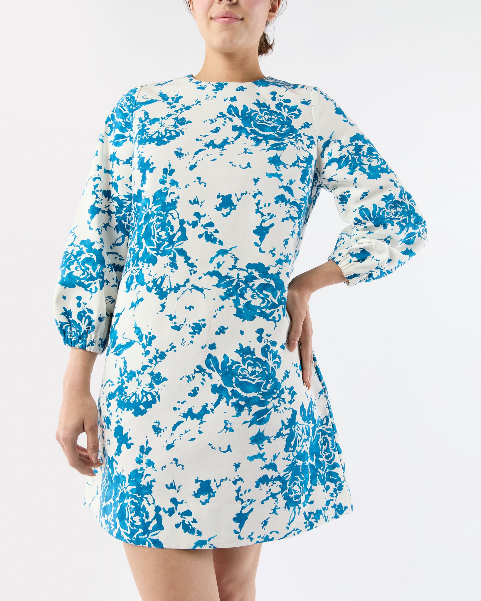 Francine Dress in White/Blue Floral Printed Faille
