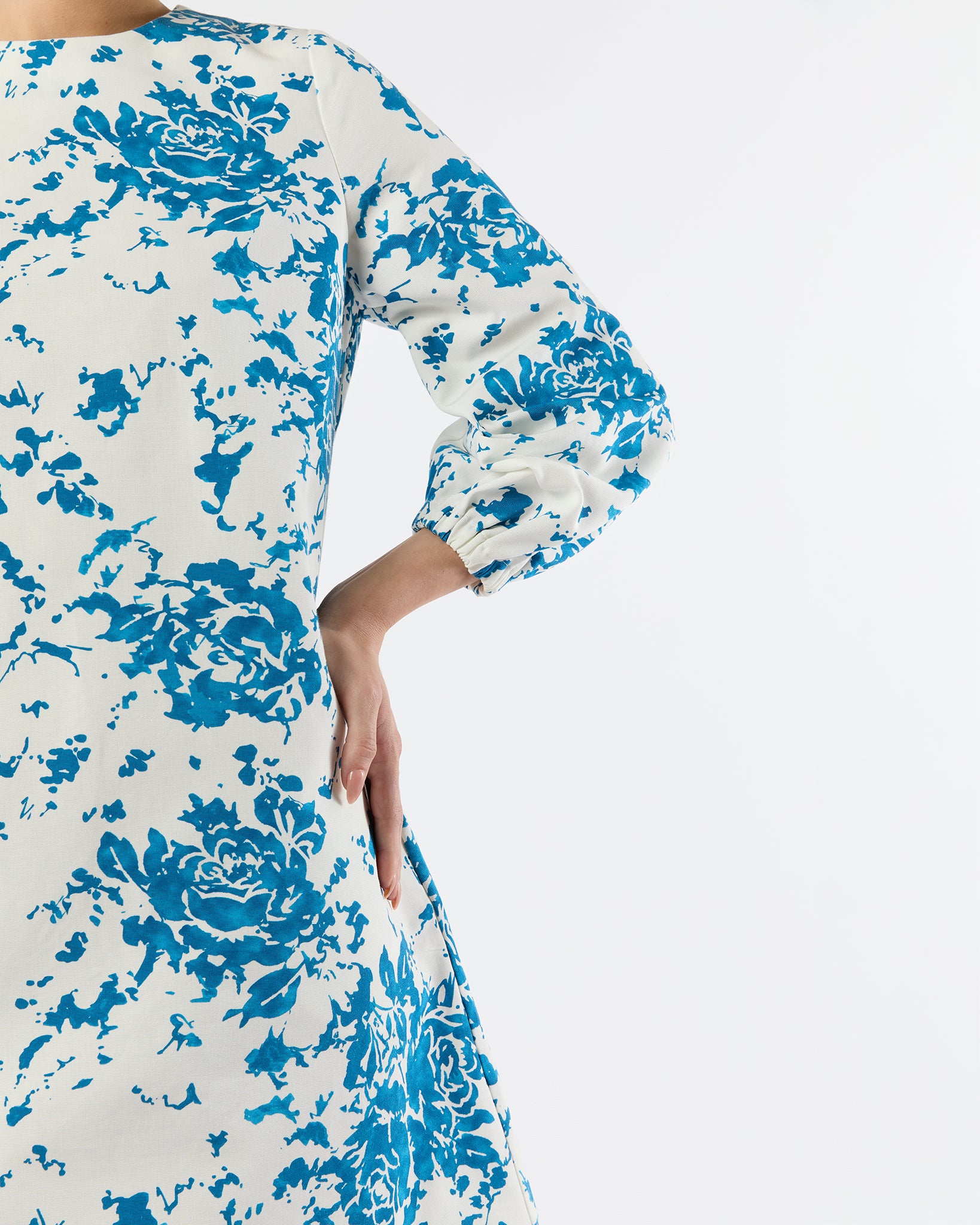 Francine Dress in White/Blue Floral Printed Faille