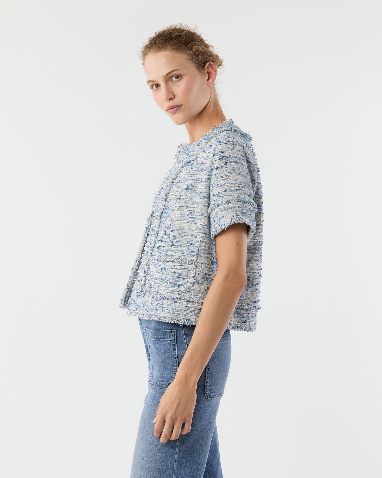 Short-Sleeved Chelsea Jacket in Blue Summer Tweed